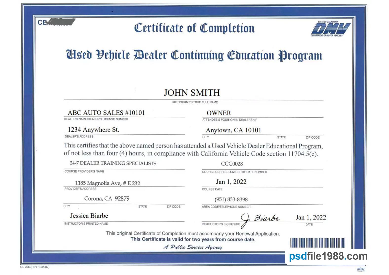 USA California Vehicle Dealers License Version 2